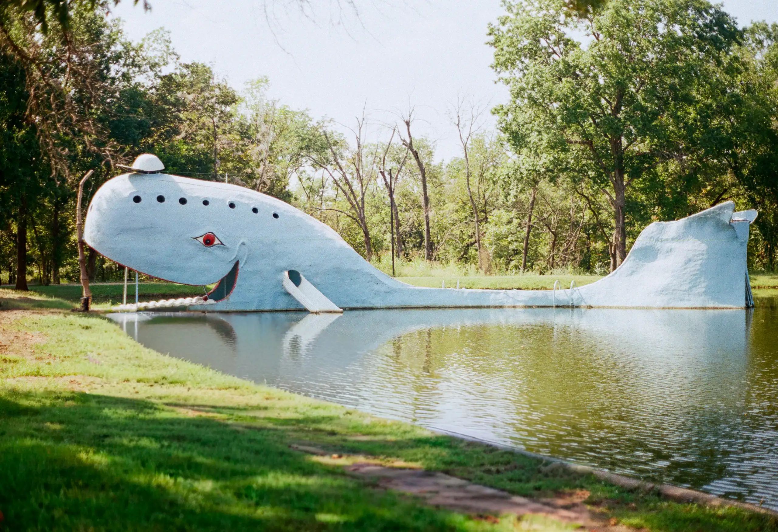 Large whale sculpture in a park with trees and water, playful and artistic outdoor display.