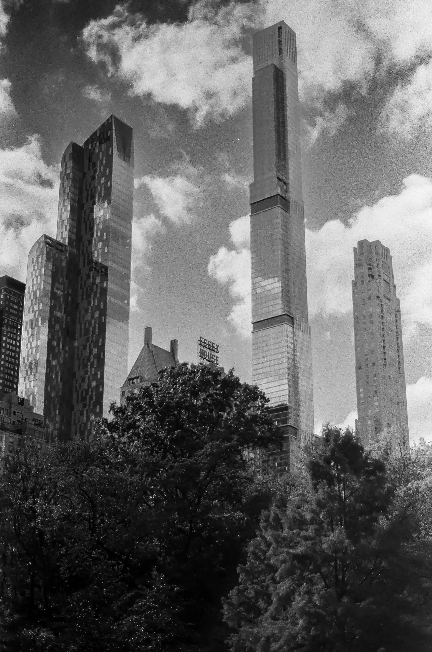 Black and white 35mm photograph of glass towers above trees